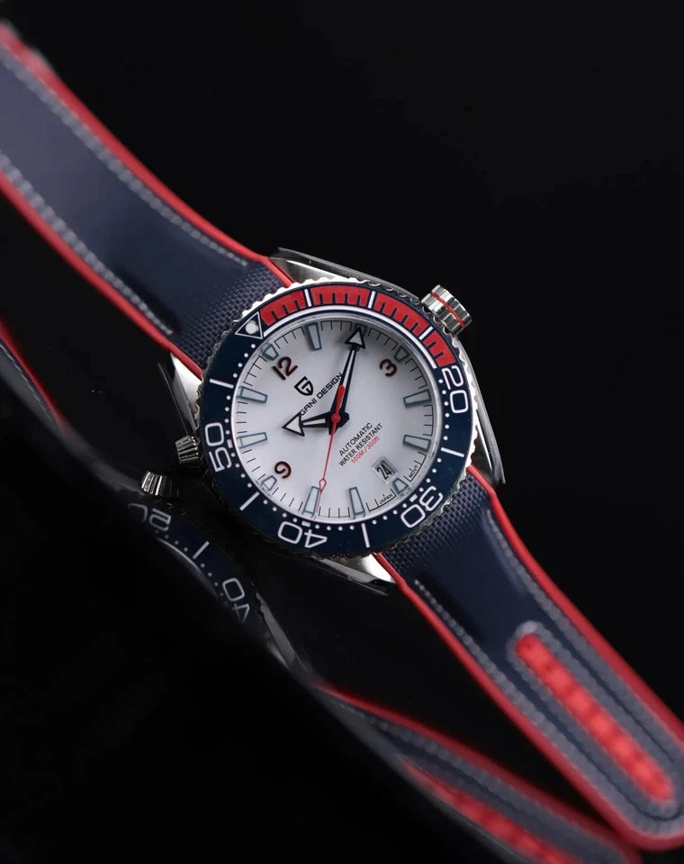 Watch with a black and red strap on a dark background