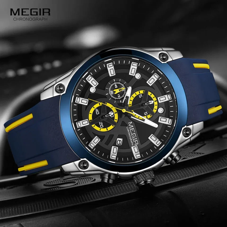 Blue and yellow Megir chronograph watch on a dark background