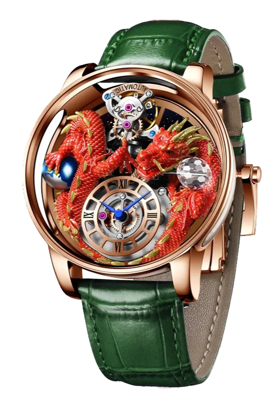 Luxury watch with dragon design and green leather strap on white background