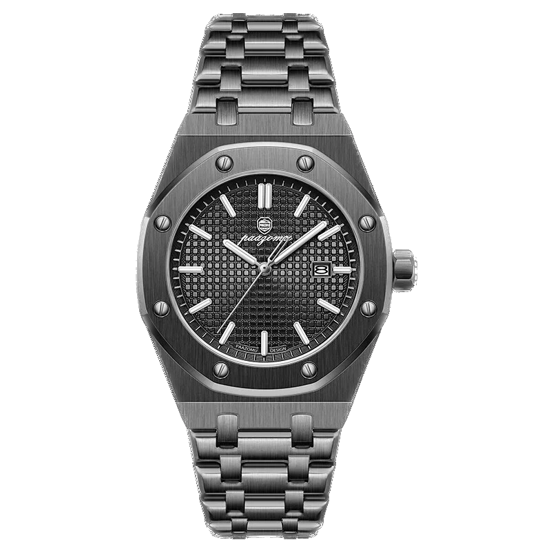Silver watch with a detailed face on a white background