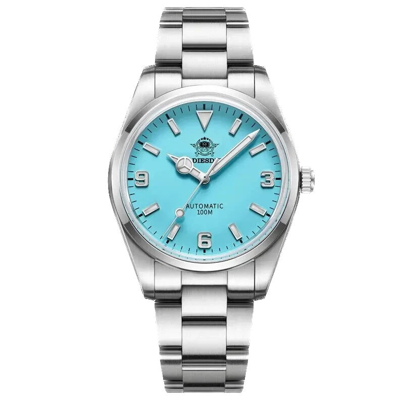 Silver watch with a blue face on a white background