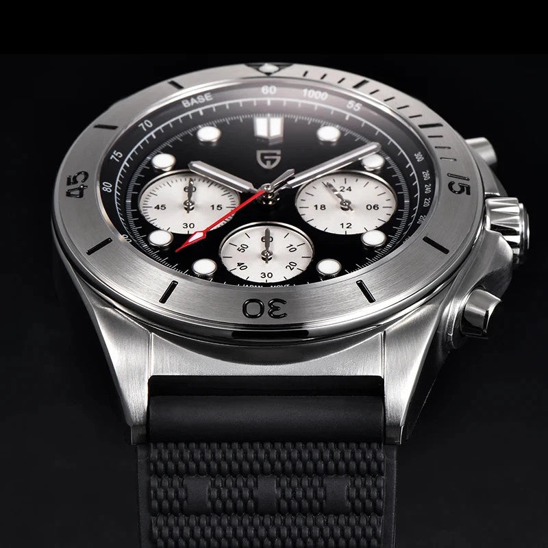 Silver watch with black strap on a dark background