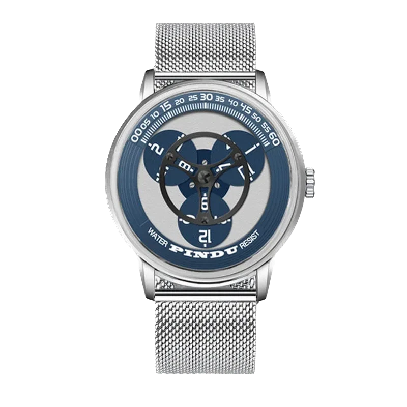 Silver watch with blue face and mesh band on white background