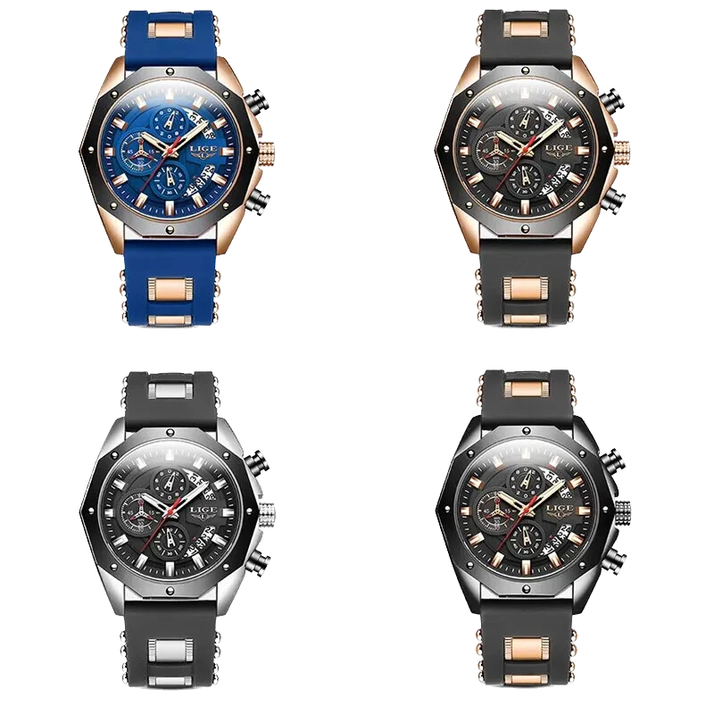 Four watches with different colored straps on a white background