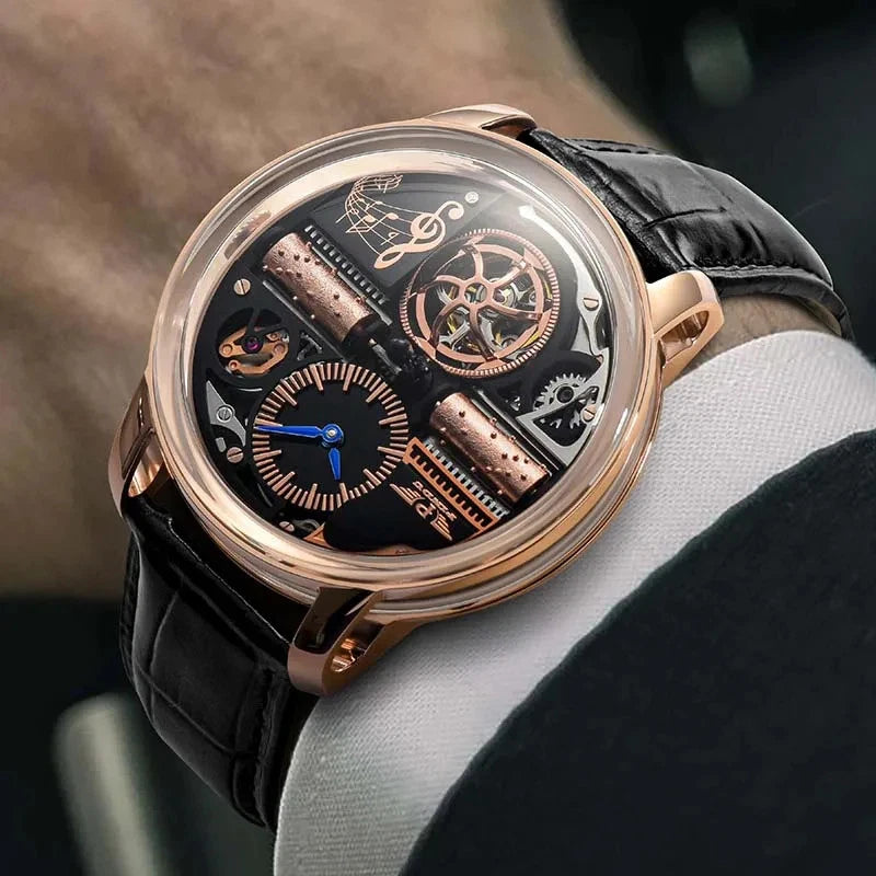 Luxury watch with intricate design on a black strap
