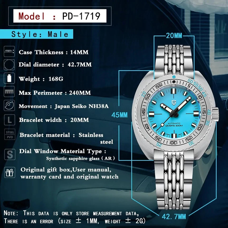 Watch with detailed specifications on a dark background
