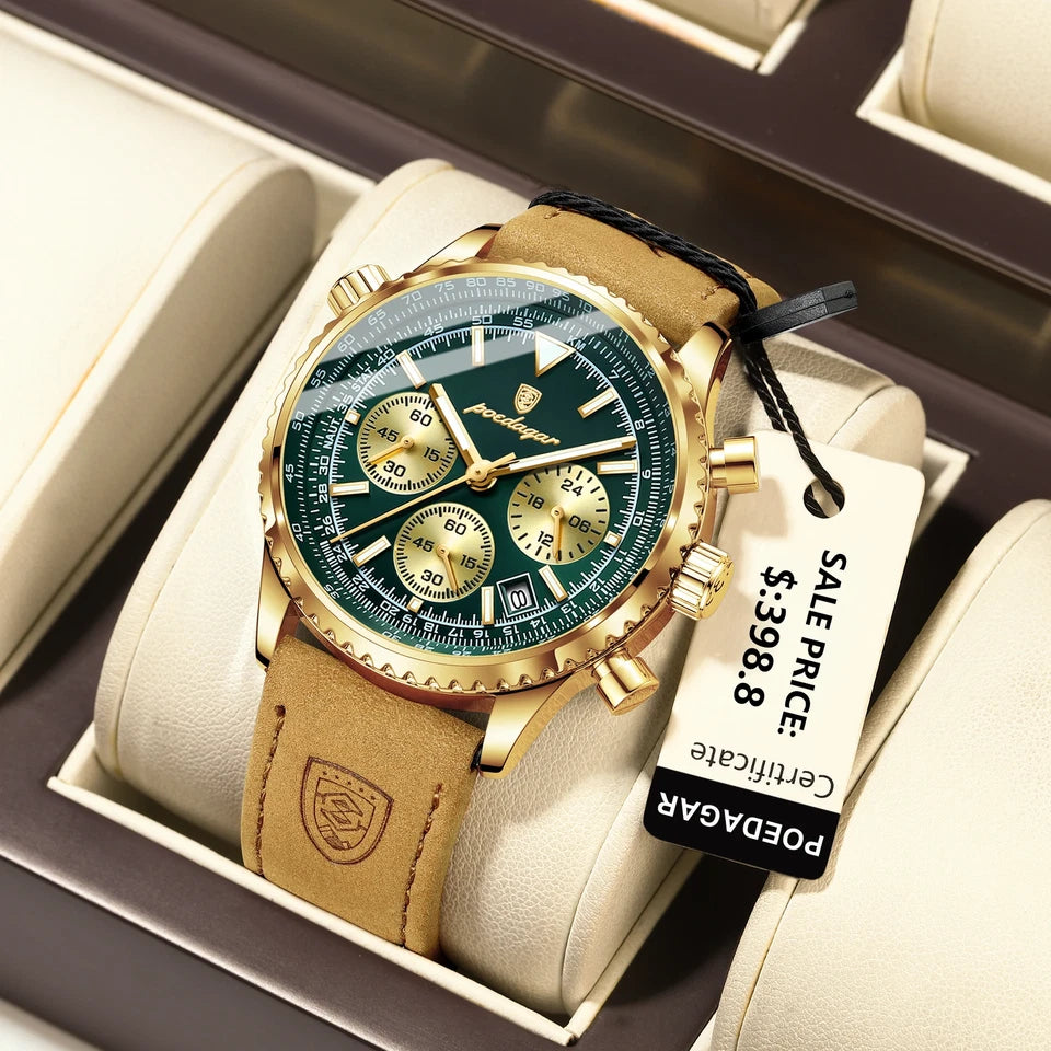 Luxury watch with green face and brown leather strap in a box, featuring a price tag.