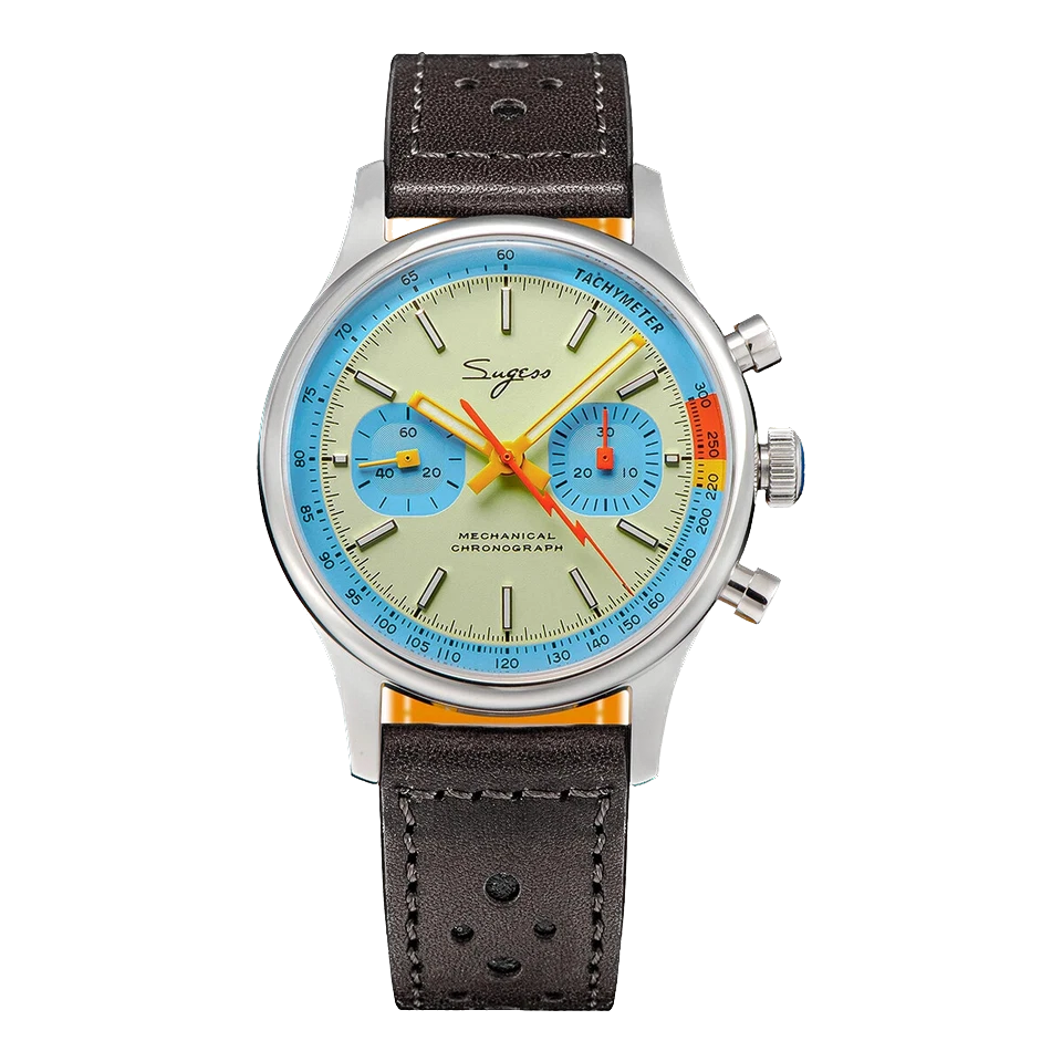 Wristwatch with a colorful face and brown leather strap on a white background
