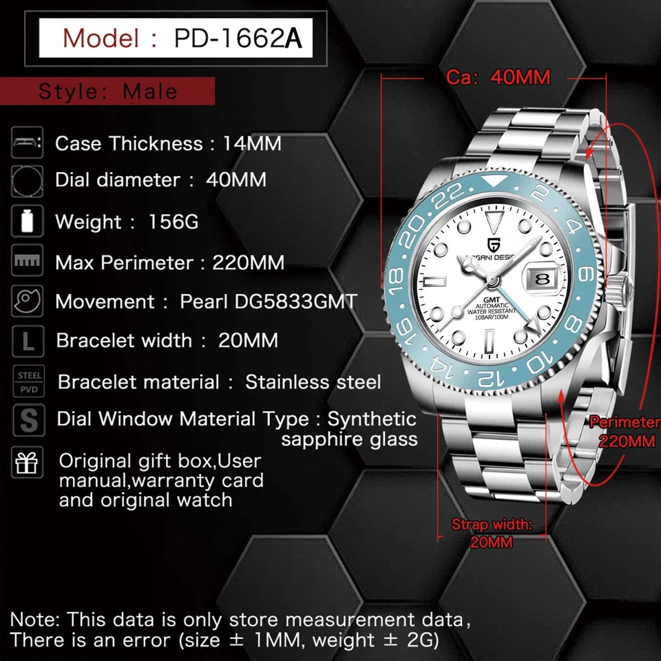 Watch with detailed specifications on a black background