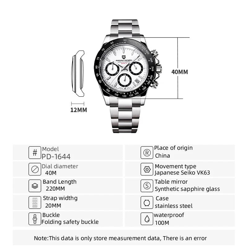 Watch with detailed specifications on a white background