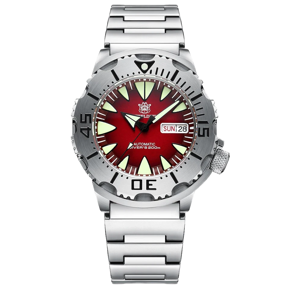 Watch with a red face and silver metal strap on a white background