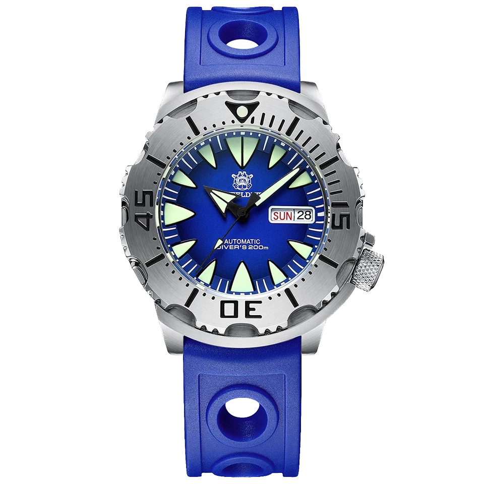 Watch with blue strap and blue dial on a white background