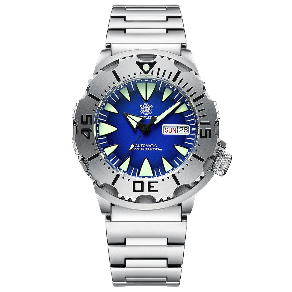 Silver wristwatch with a blue face on a white background