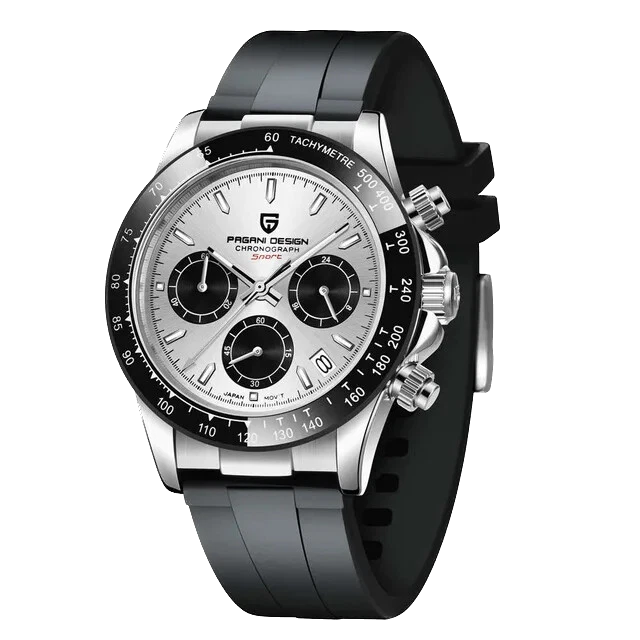 Wristwatch with black strap and silver case on a white background