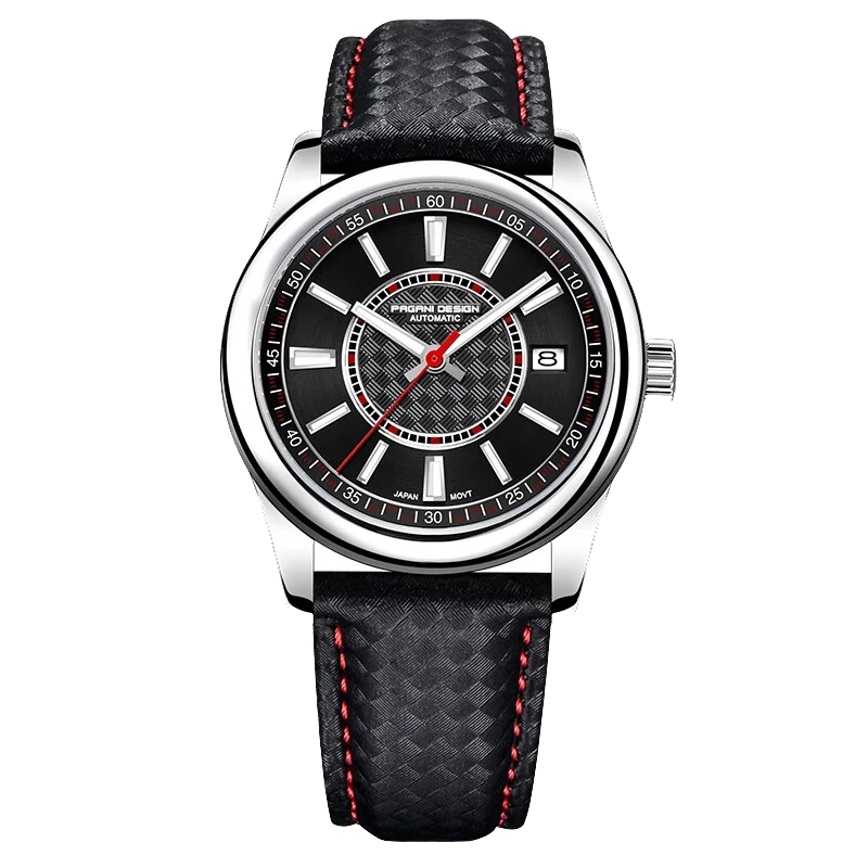 Watch with black leather strap and black dial on a white background