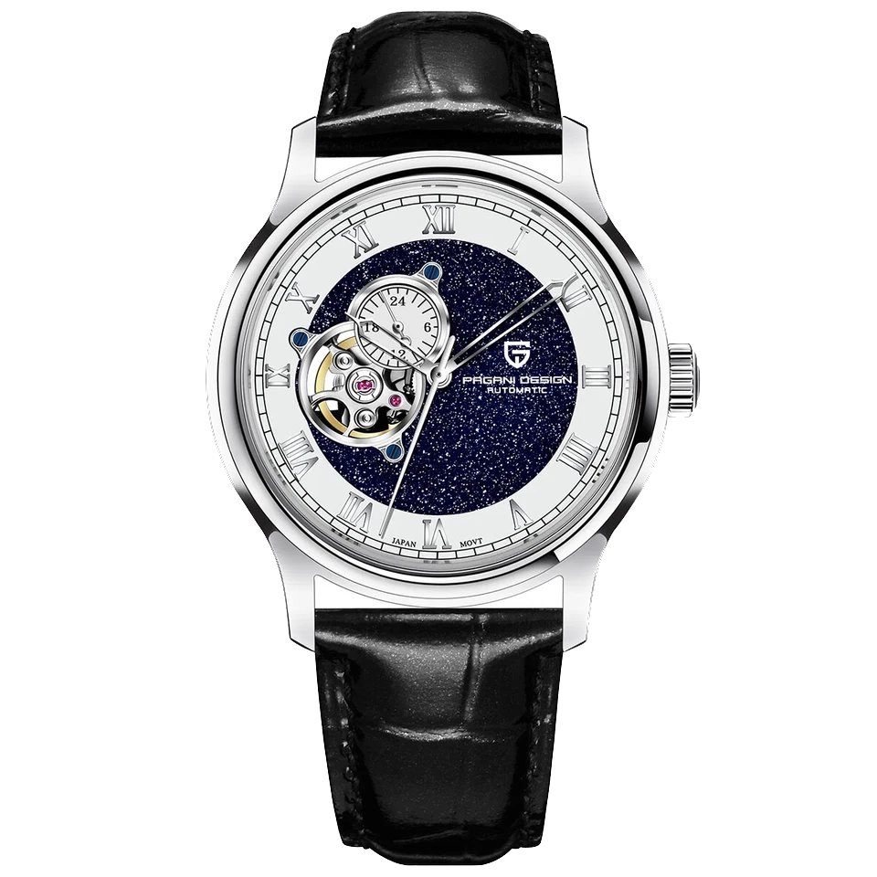 Watch with black leather strap and detailed face on a white background