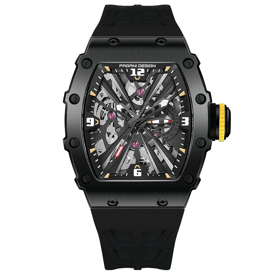Black PAGAN DESIGN watch with detailed face on a white background
