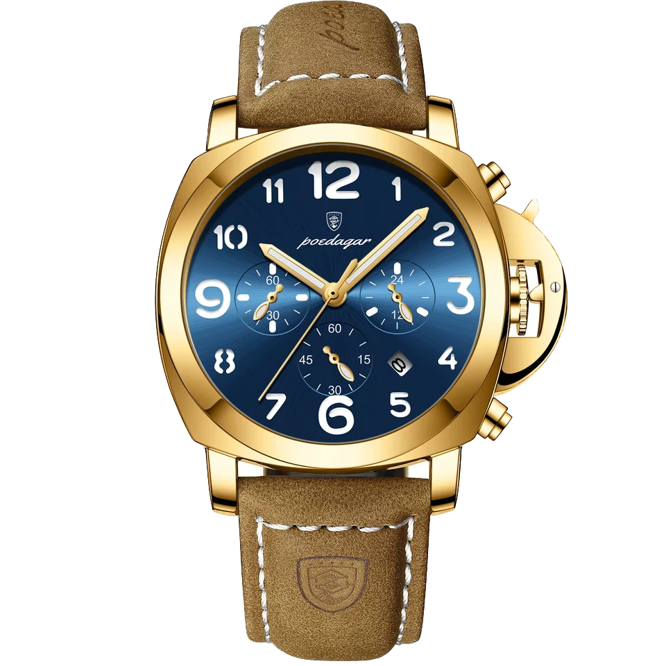 Gold wristwatch with a blue face and brown leather strap on a white background