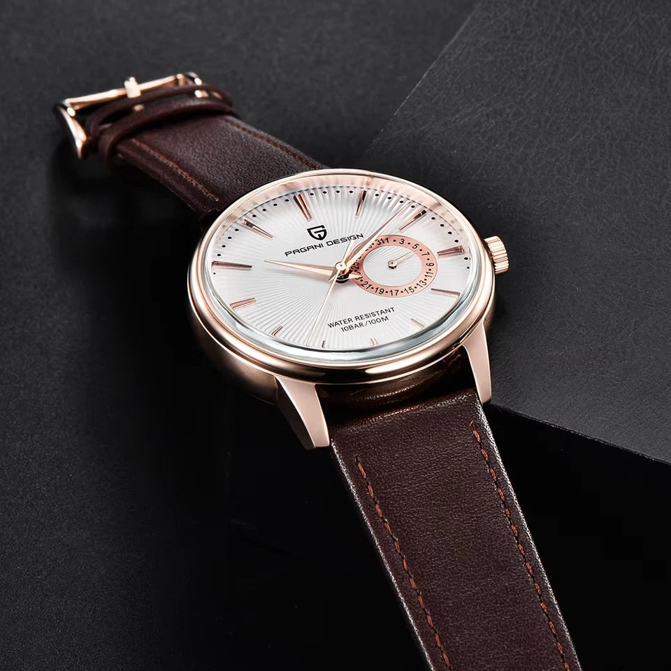 Wristwatch with brown leather strap and rose gold case on a dark background