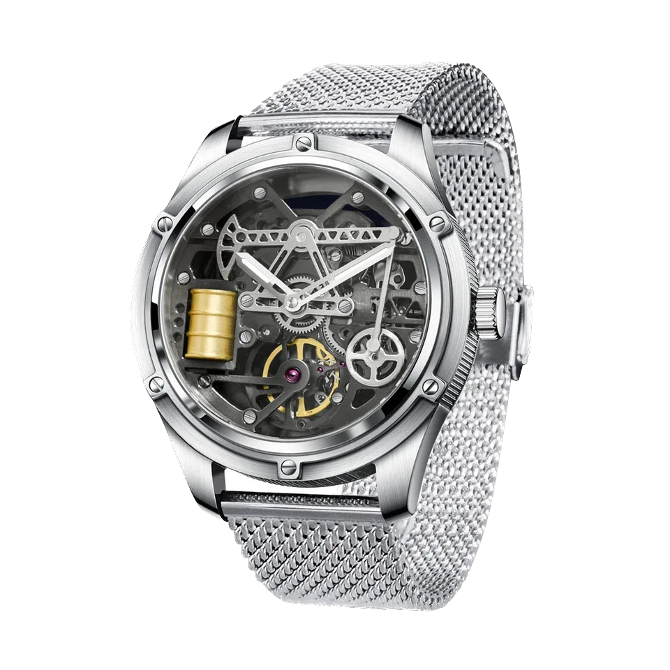 Silver mechanical watch with mesh band on a white background
