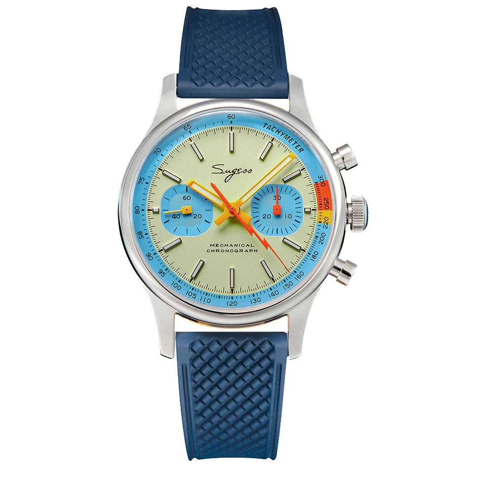 Wristwatch with blue strap and multicolored face on a white background