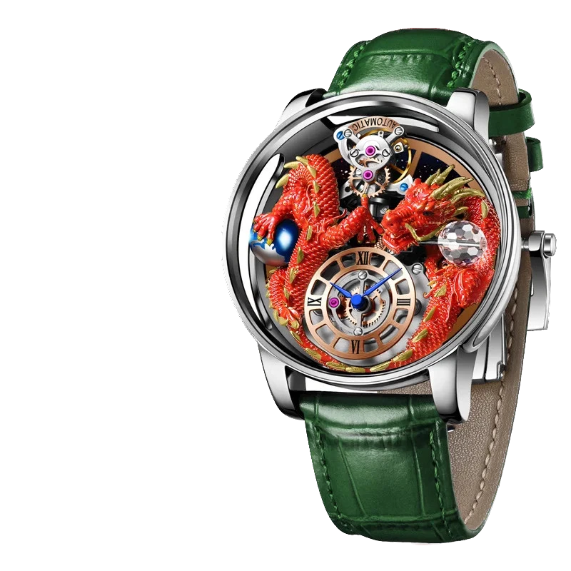 Luxury watch with green leather strap and intricate dragon design on face