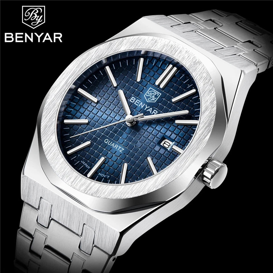 Silver watch with blue dial on a black background, featuring the brand 'BENYAR'.