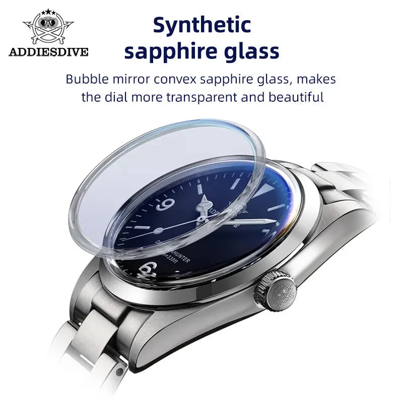 Watch with synthetic sapphire glass on a white background, featuring ADDIESDIVE branding.