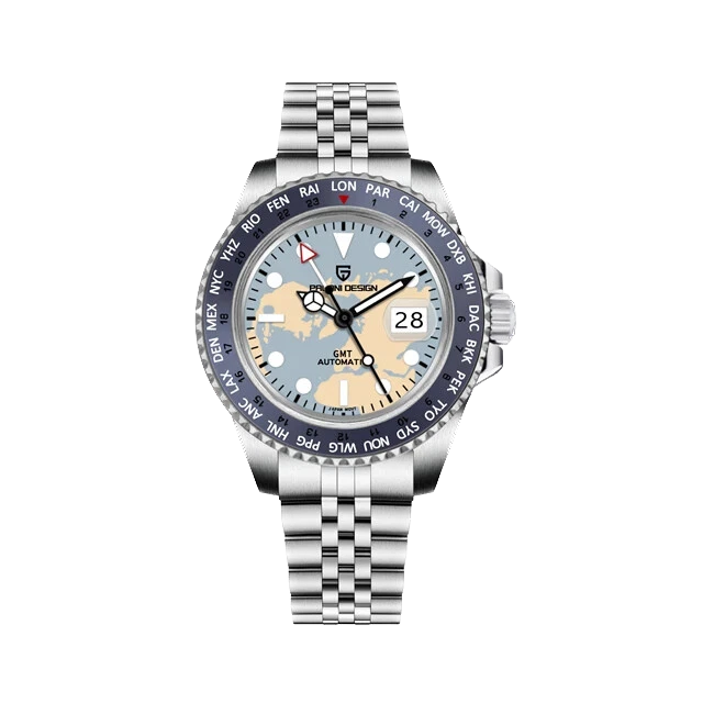 Silver watch with a detailed face on a white background