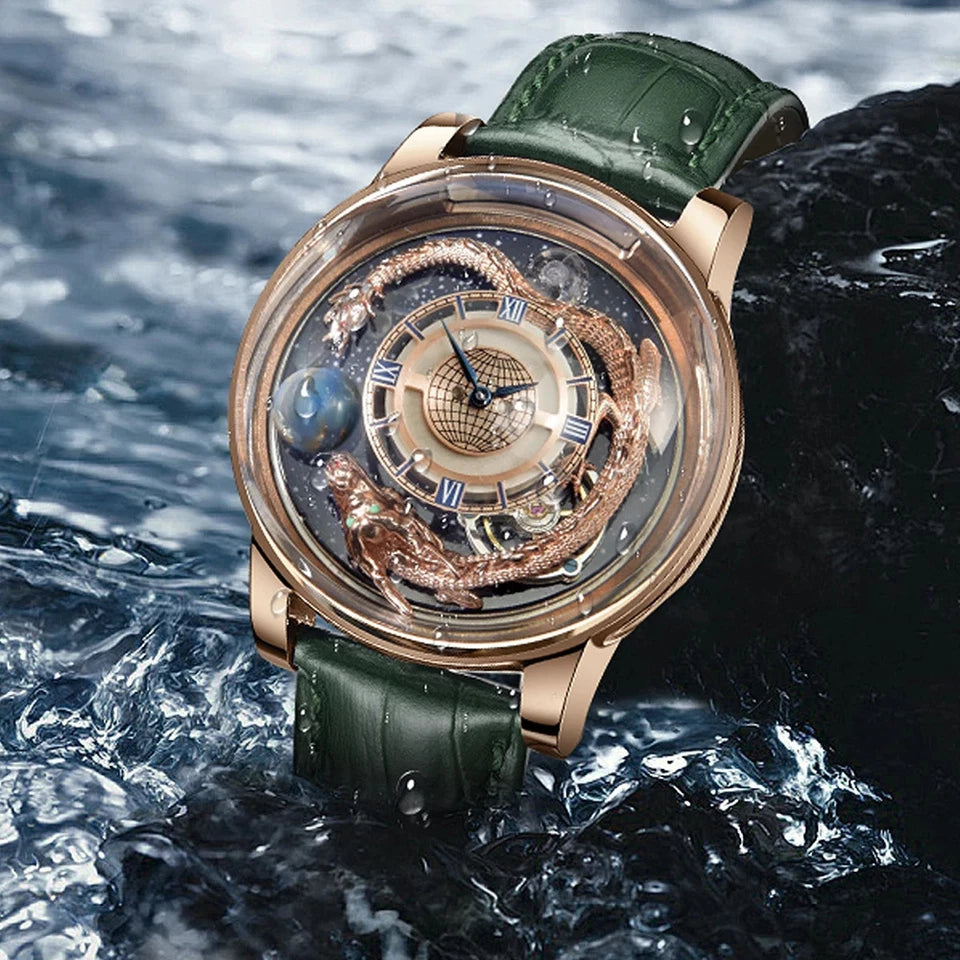 Luxury watch with green leather strap on a water background