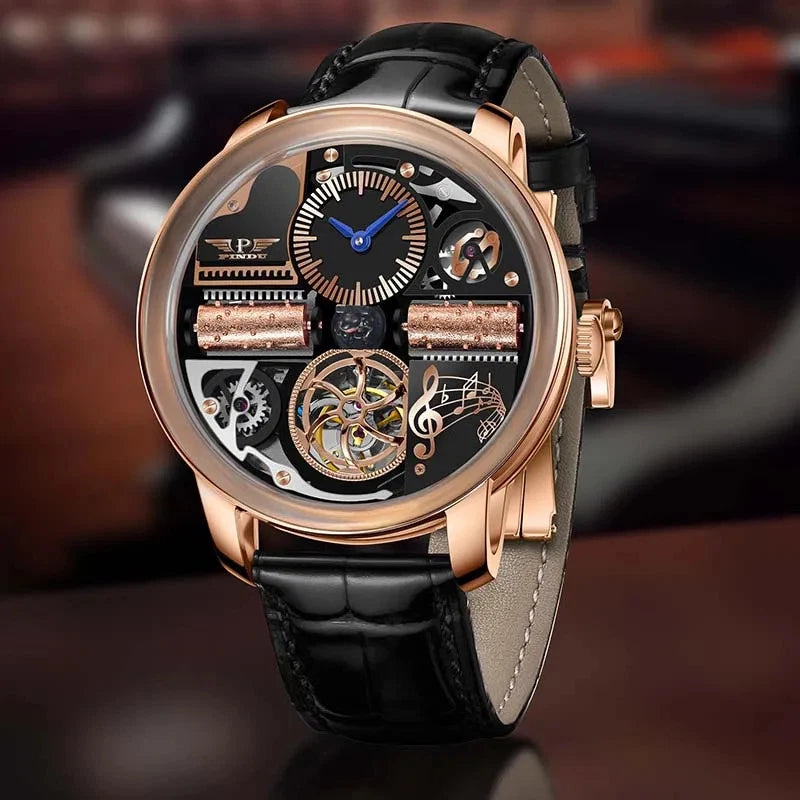 Luxury watch with black leather strap and rose gold case on a dark background