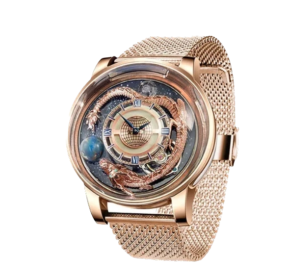 Rose gold watch with intricate design on a white background