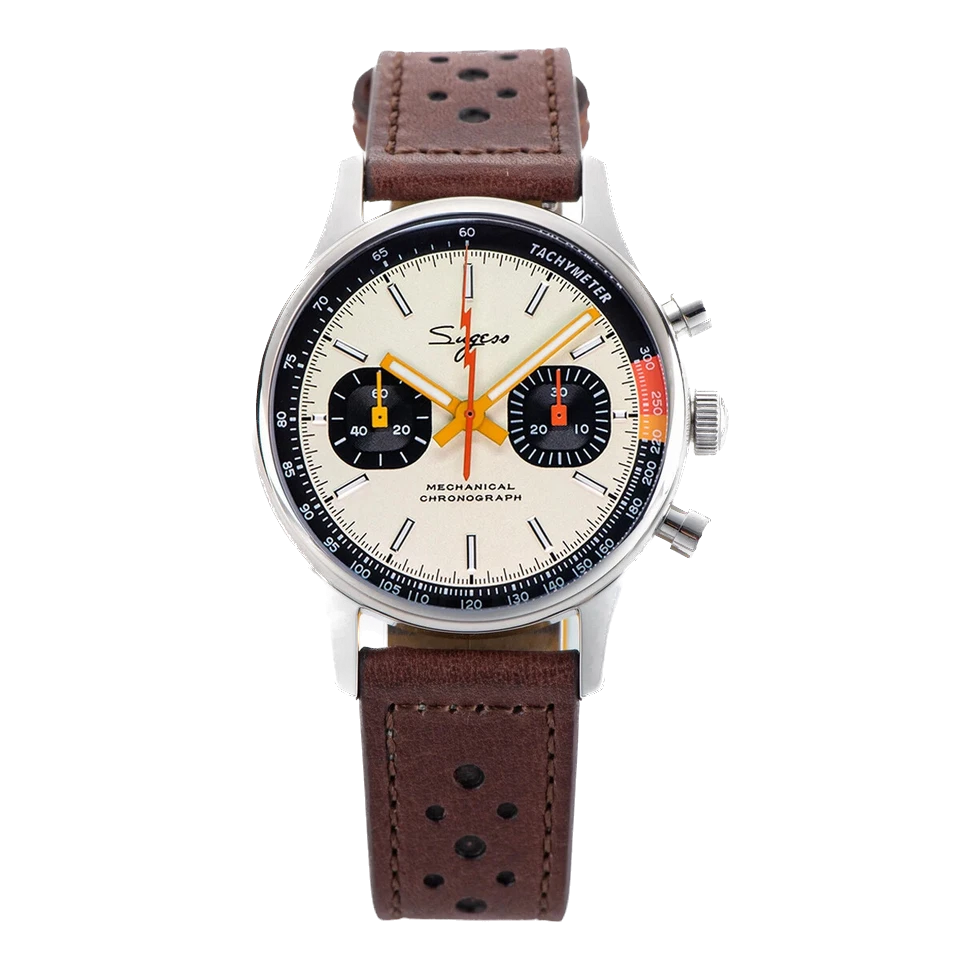 Watch with brown leather strap and white face on a white background