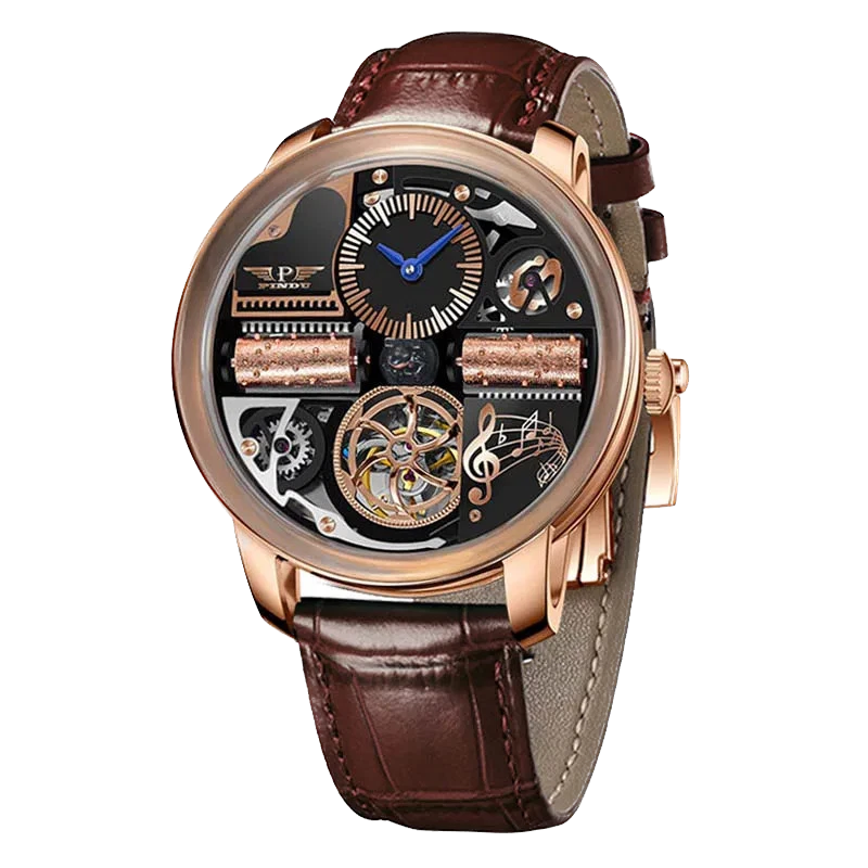 Luxury watch with brown leather strap and rose gold case on white background
