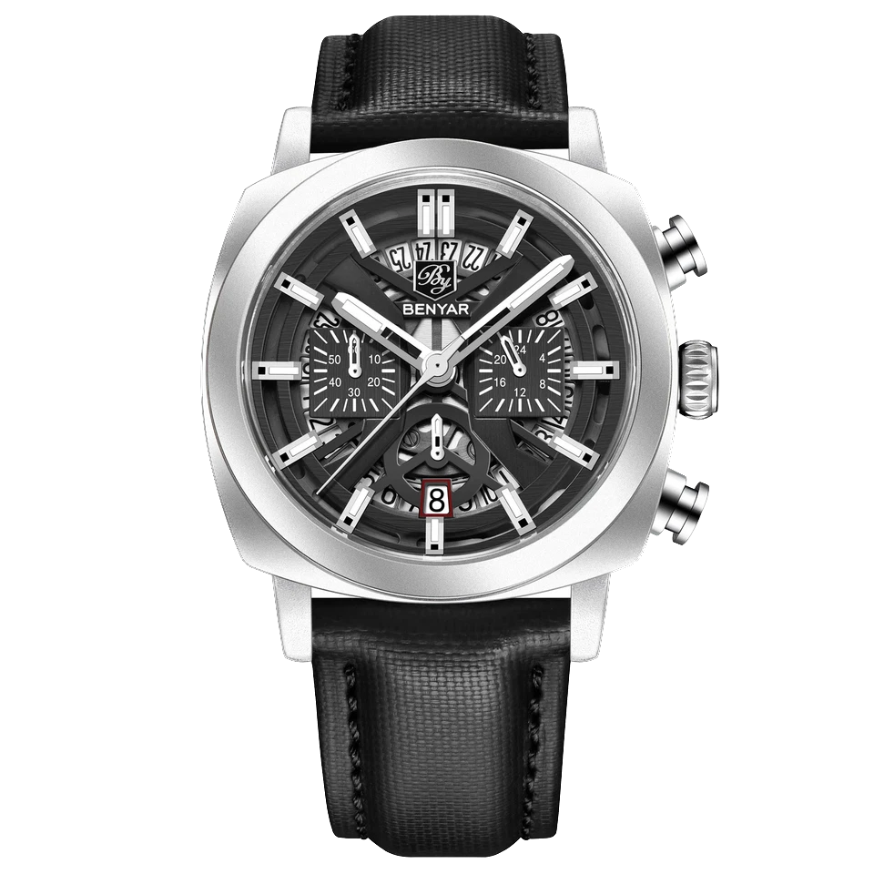 Sleek black wristwatch with silver case and detailed face on a white background