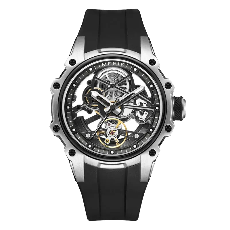 Mechanical watch with black strap and transparent face on a white background