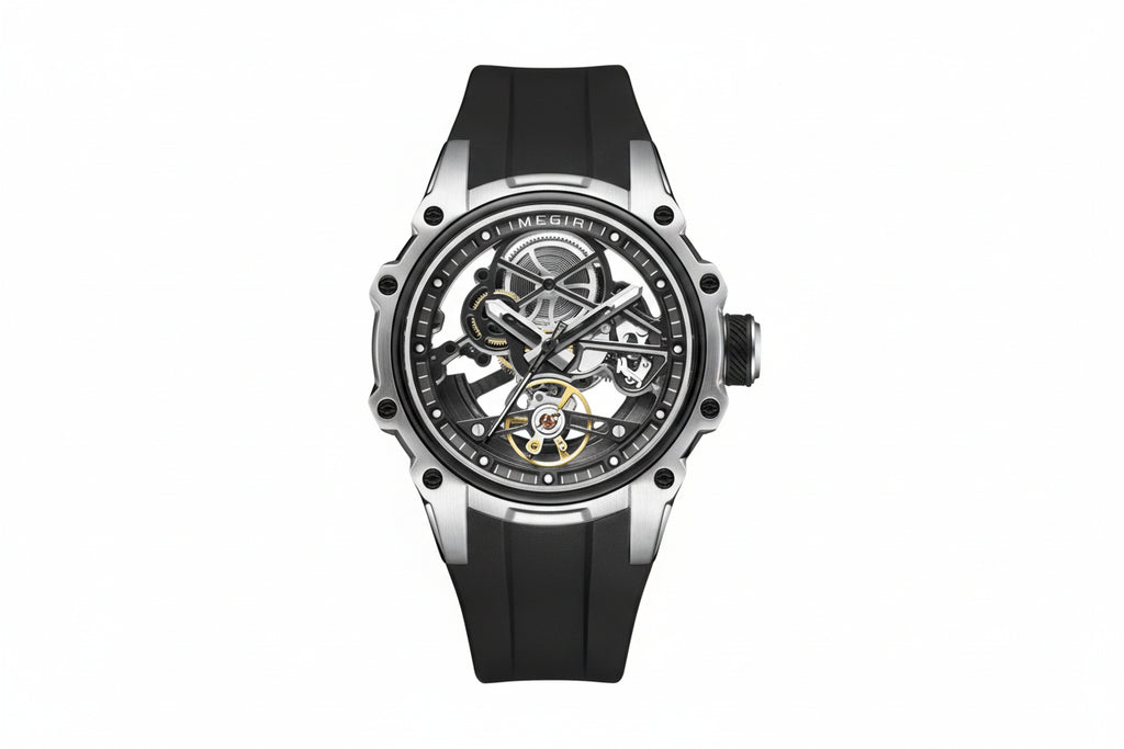 MEGIR Men's Skeleton Dial Automatic Mechanical Waterproof Watch Silicone Strap-PrimeTimepiece