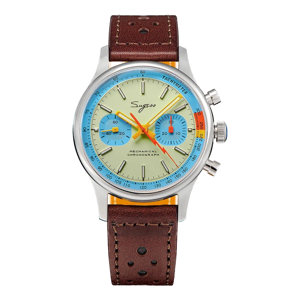 Watch with a brown leather strap and multicolored face on a white background