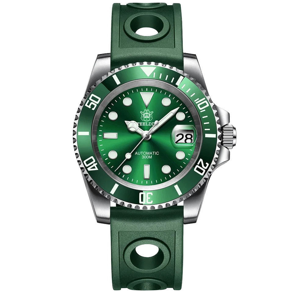 Green watch with a green strap on a white background