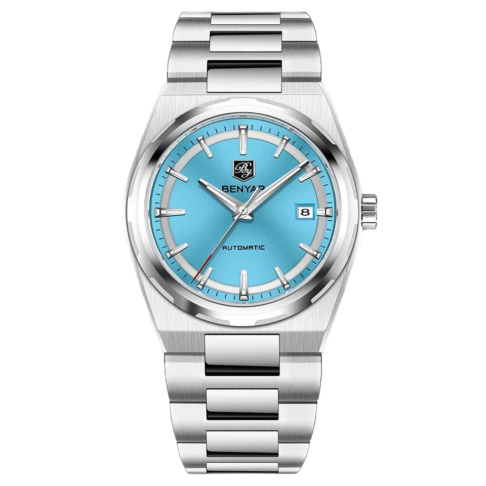 Silver watch with a blue face on a white background