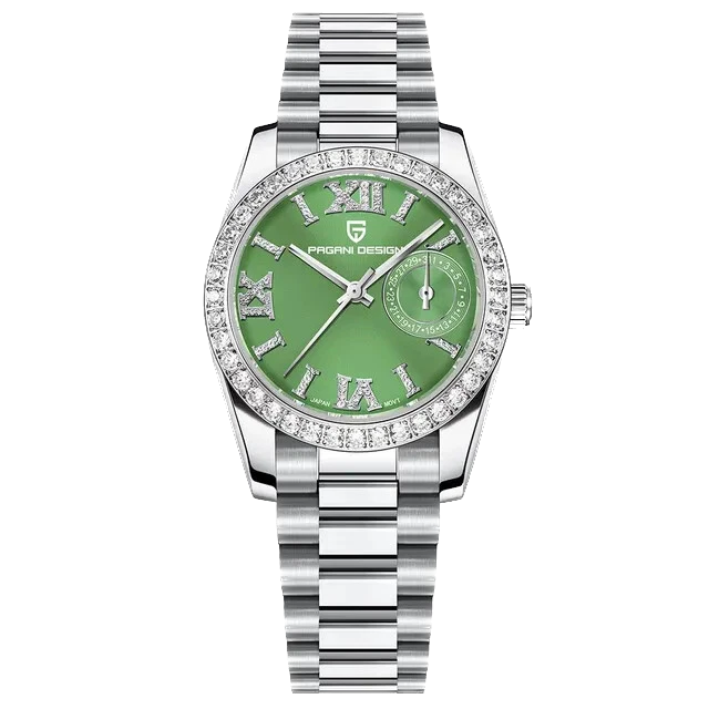 Silver watch with a green face and diamond-studded bezel on a white background