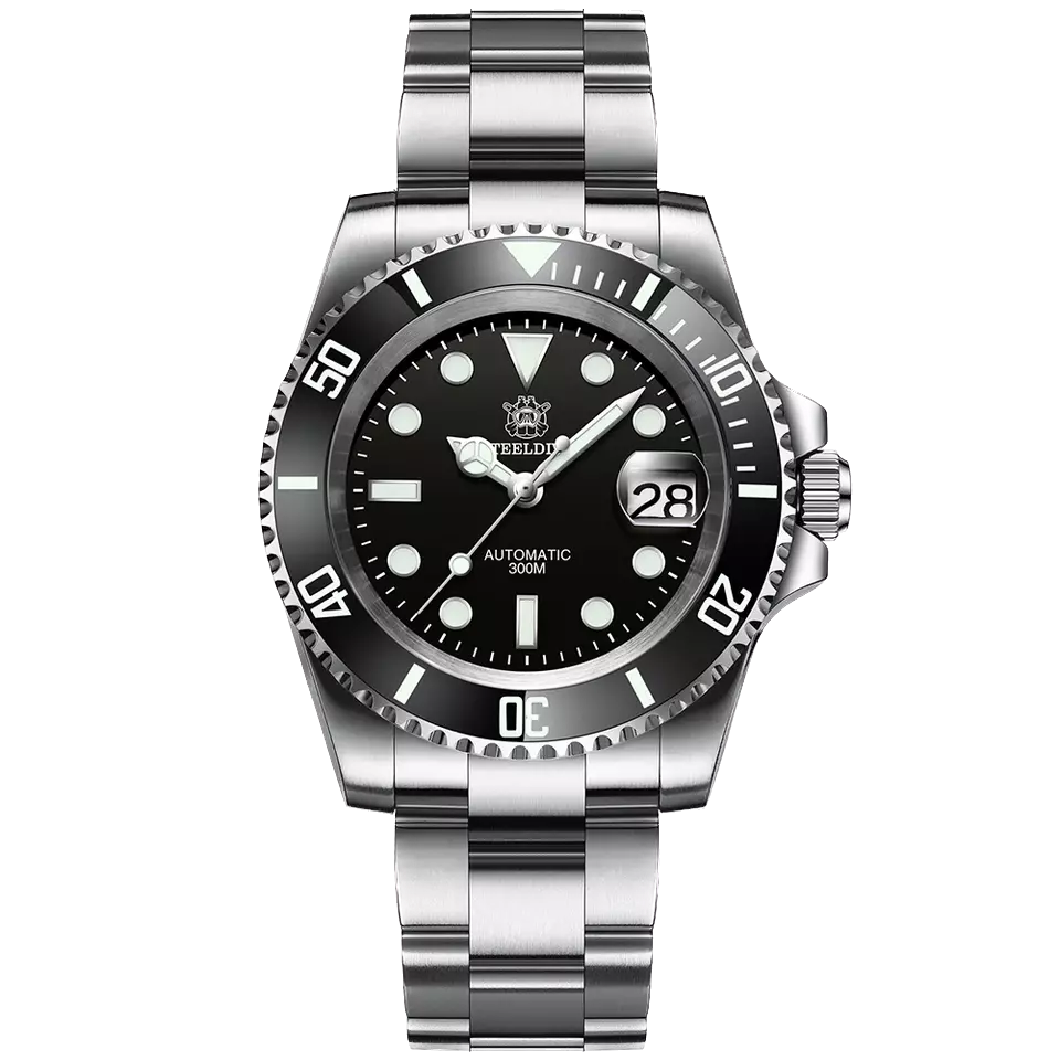 Silver wristwatch with black dial on a white background