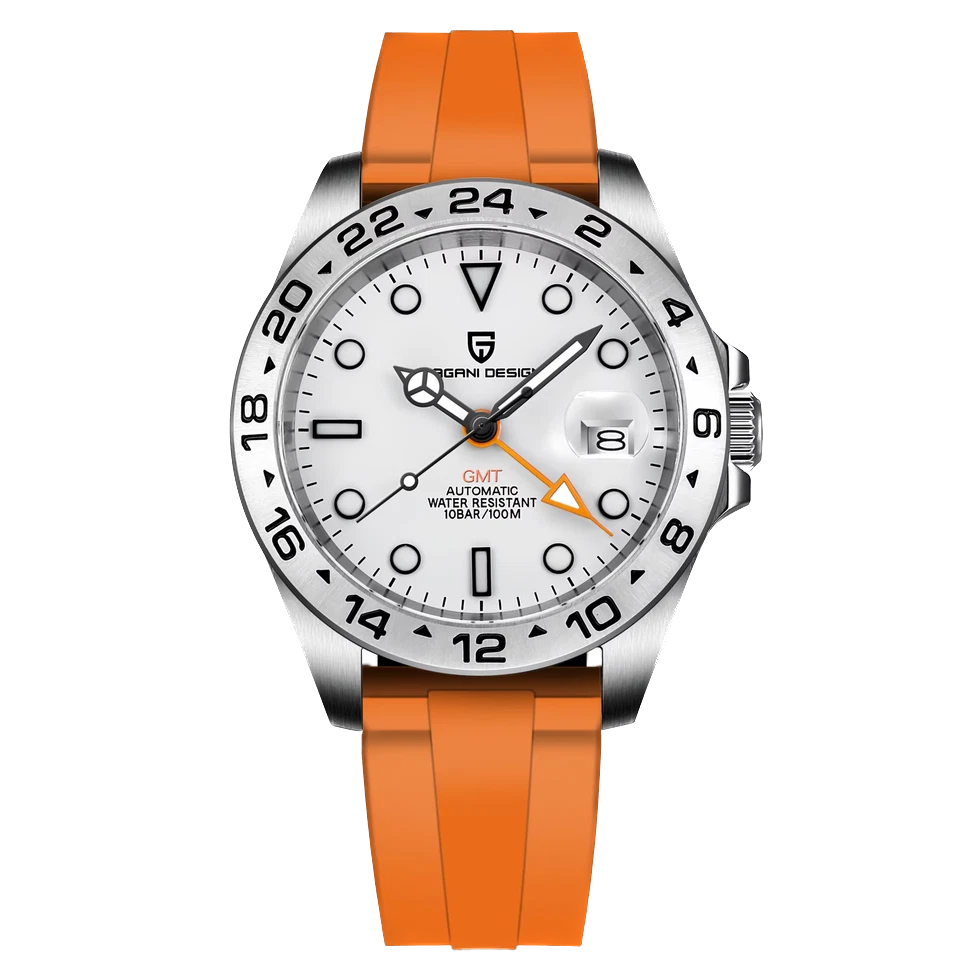 Wristwatch with orange strap and white dial on a white background