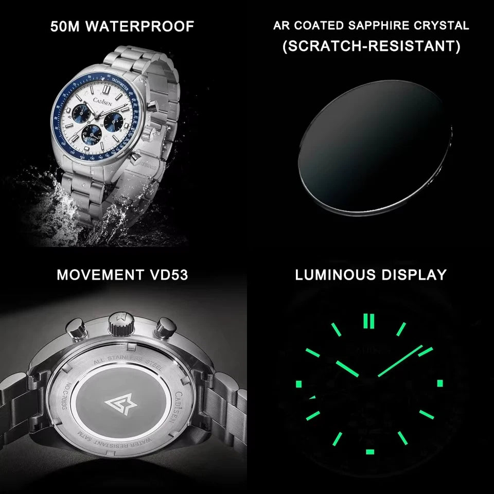 Watch with features highlighted on a black background