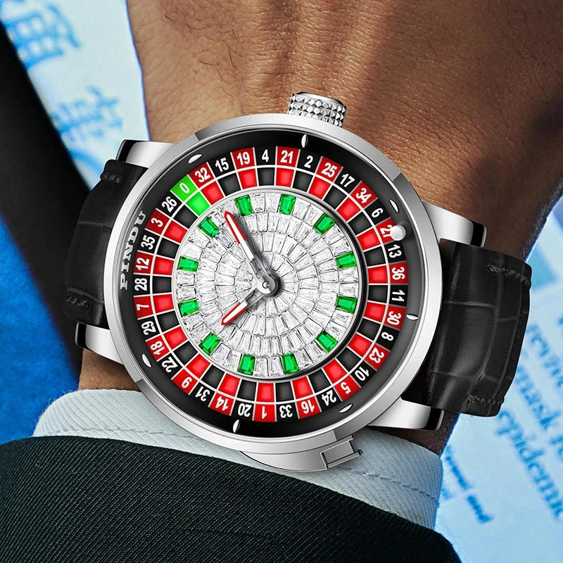 Wristwatch with a unique design resembling a roulette wheel on a person's wrist.