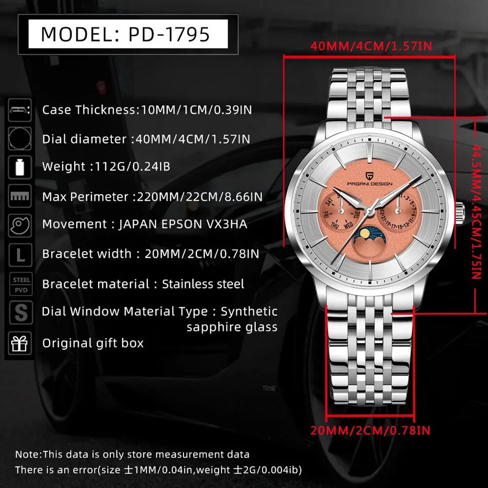 Silver watch with detailed specifications on a dark background
