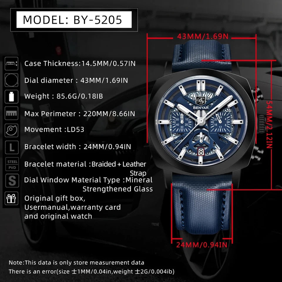 BENYAR watch with detailed specifications on a dark background