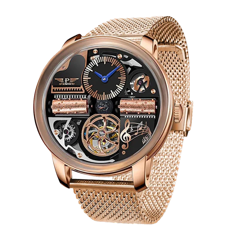 Rose gold watch with intricate mechanical design on a white background