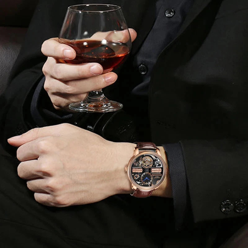 Person holding a glass of red wine with a detailed wristwatch on a dark background
