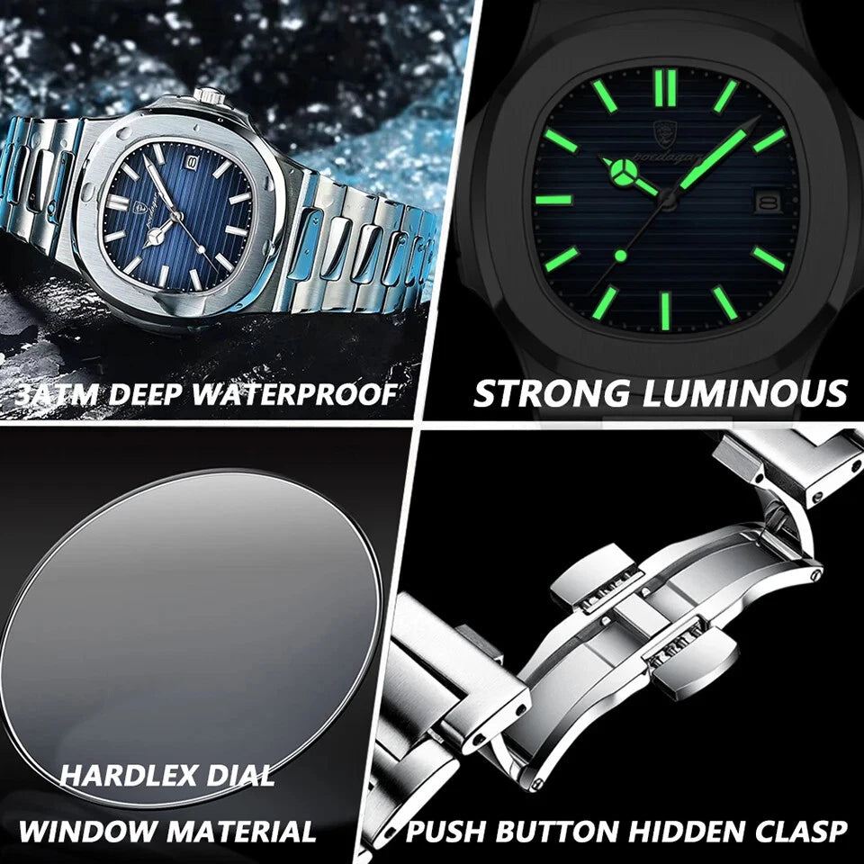 Collage of a watch with features highlighted, including deep water resistance, strong luminosity, hardlex dial, and push-button clasp.